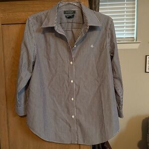 Lauren Ralph Lauren 💯 cotton grey white striped button down suit blouse preppy L
